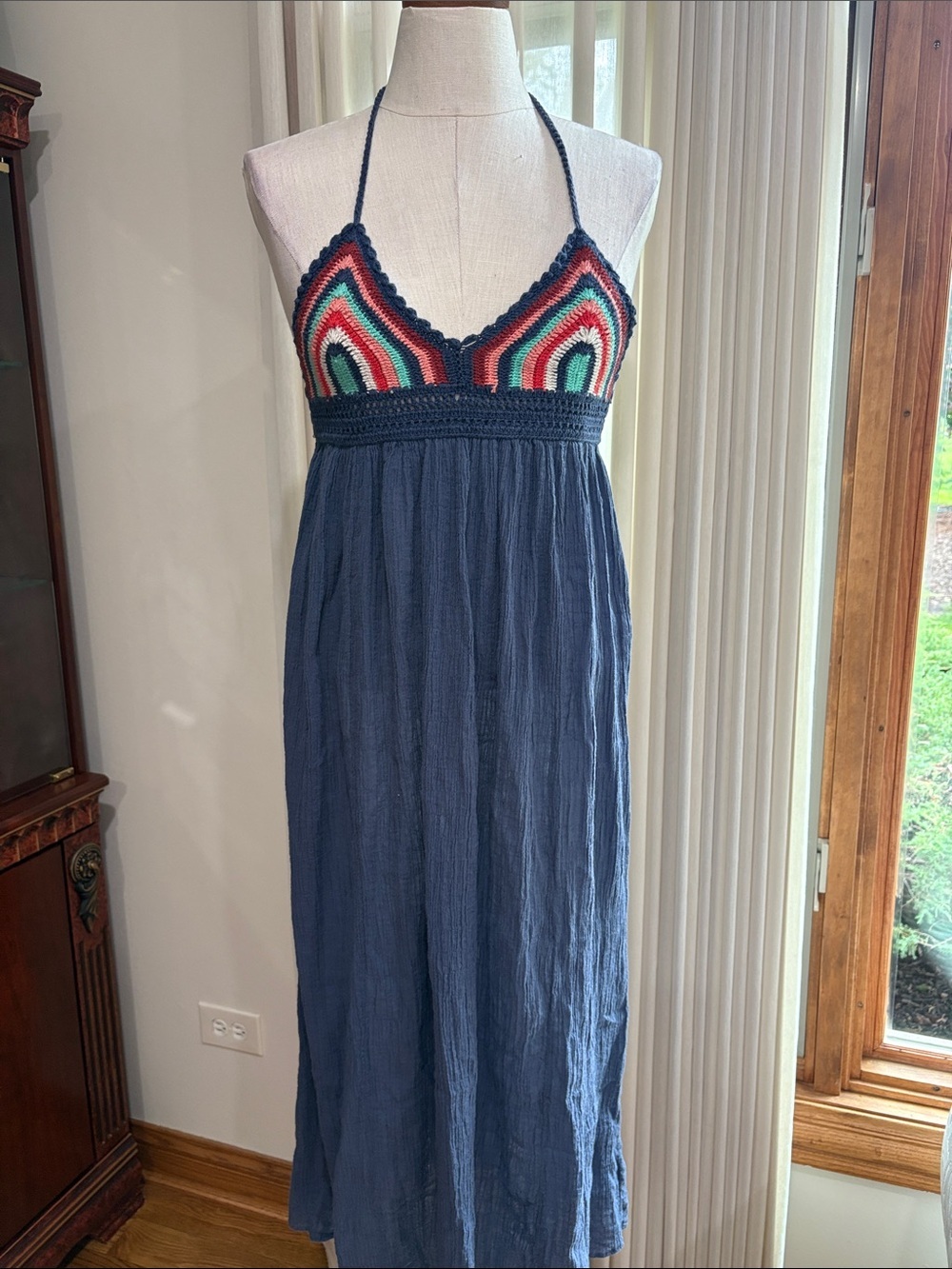 aerie rainbow crochet halter Maxi gauze navy boho sundress cotton XS / S